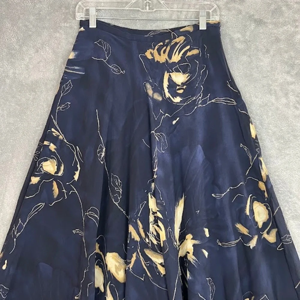 Vintage Dana B Maxi Skirt Womens 8 100% Silk Navy Blue Floral Fairy Whimsical